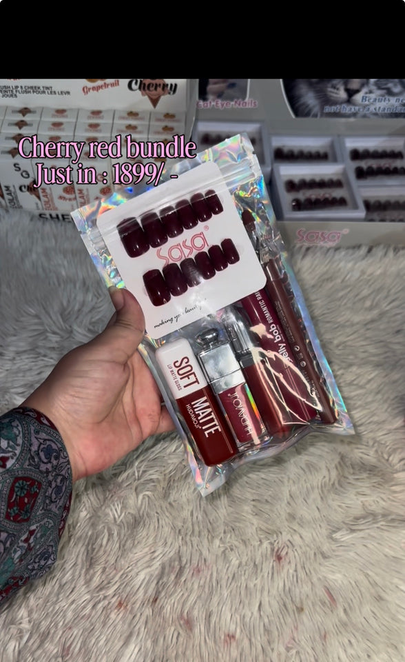 Cherry red bundle | press on nails | lip-pencil | jelly job lipgloss | kiko inspire lipgloss | dior inspire hudamoji lipgloss | hudamoji soft matte lipgloss