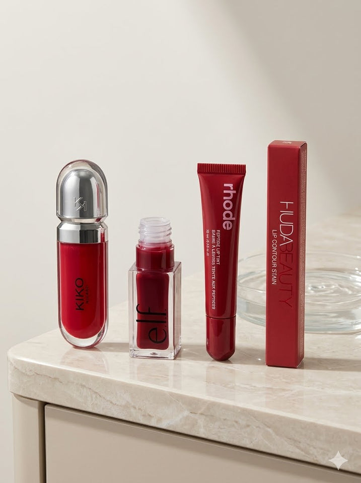 Cherry crush bundle | hudabeauty lipstain | elf gloss | rhode lipgloss | kiko milano gloss