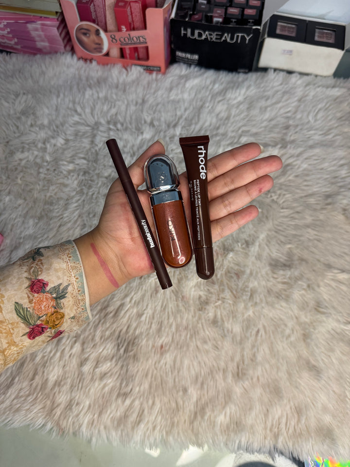 Brownish and pinkish bundle | huda beauty lipstain | rhode lipgloss | kiko Milano 3D hydra gloss