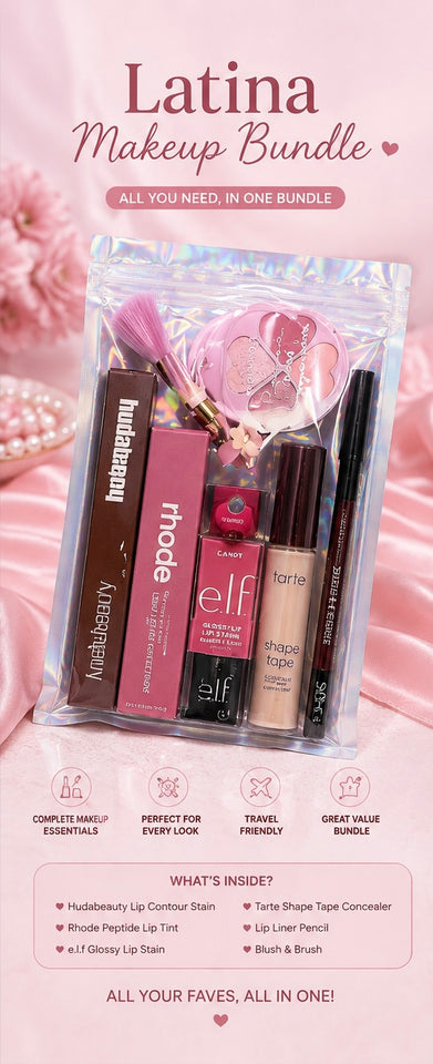 LATINA MAKEUP BUNDLE | mini palette | pen eyeliner | tarte concealor | elf tint | rhode gloss | hudabeauty lipstain