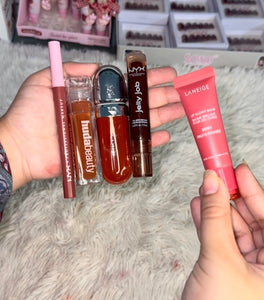 Baddie brown bundle | nyx lip lingerie | hudabeauty faux filler gloss | kiko Milano gloss | jelly job gloss | laneige lip balm ( free gift )