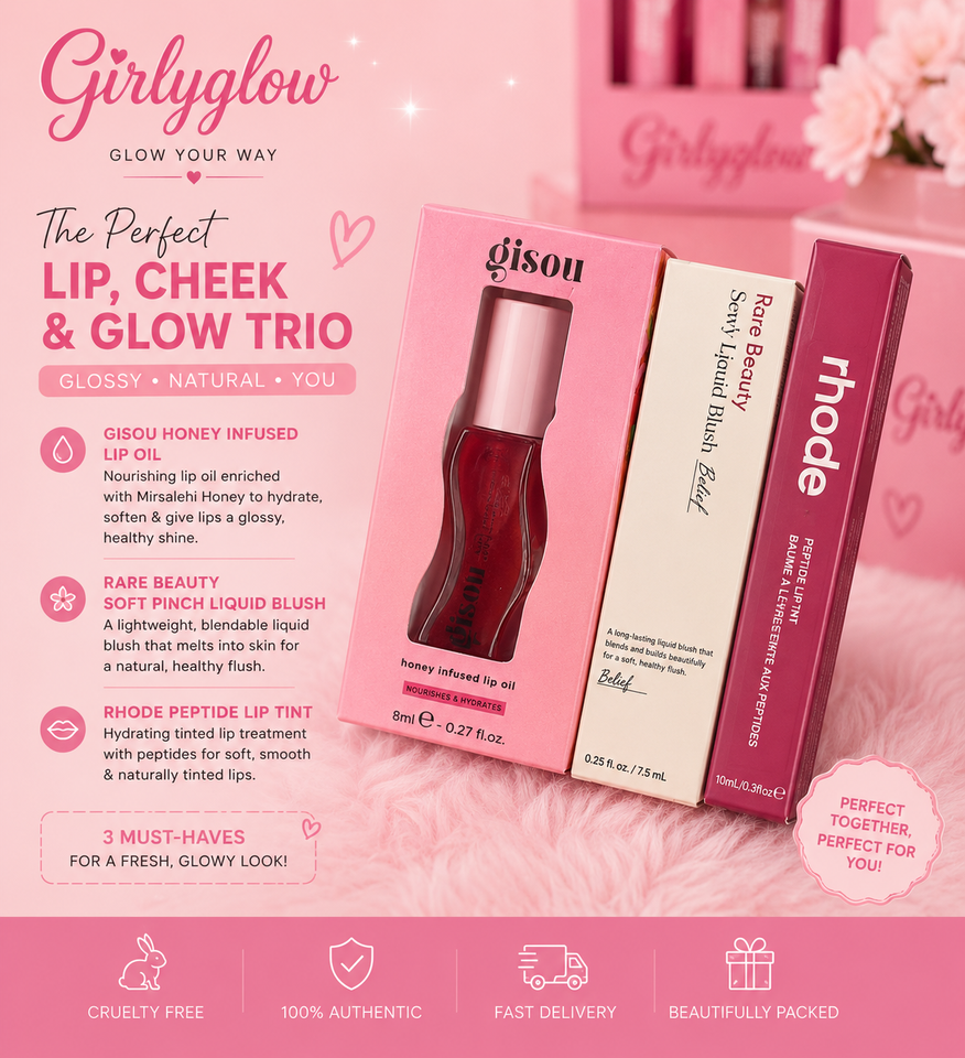 Glossy glow trio | gisso lipoil | rare beauty blush | rhode lipgloss