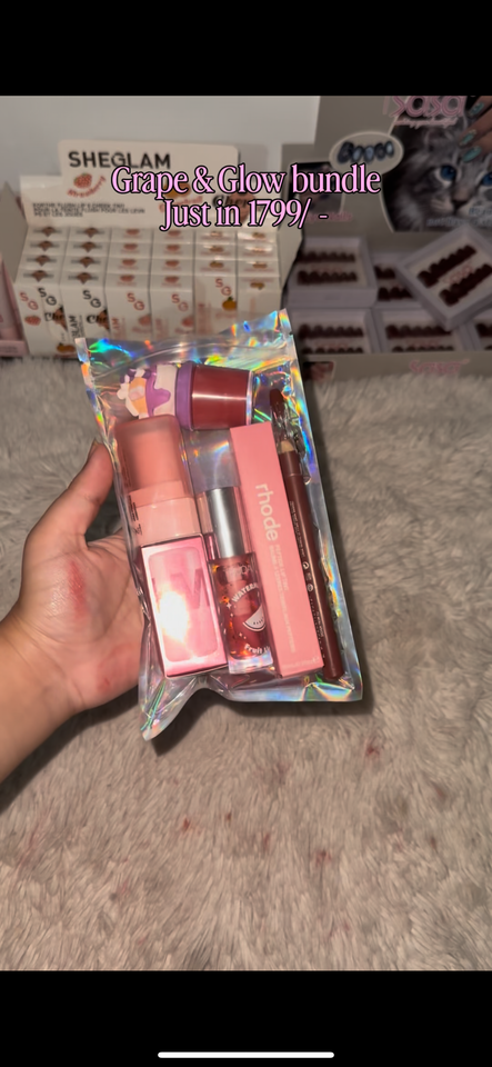Grape & Glow bundle | lip-pencil | rhode lipgloss | hudamoji fruit lipgloss | hudamoji jelly tint | jelly highlighter | cake gloss