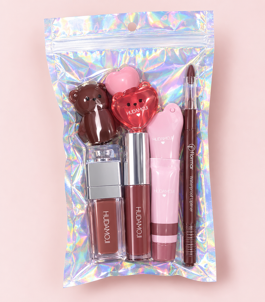 Baddie gloss bundle | lip-pencil | hudamoji charm gloss | hudamoji matte gloss | dior dupe hudamoji gloss |teddy gloss | hudamoji heart lipgloss